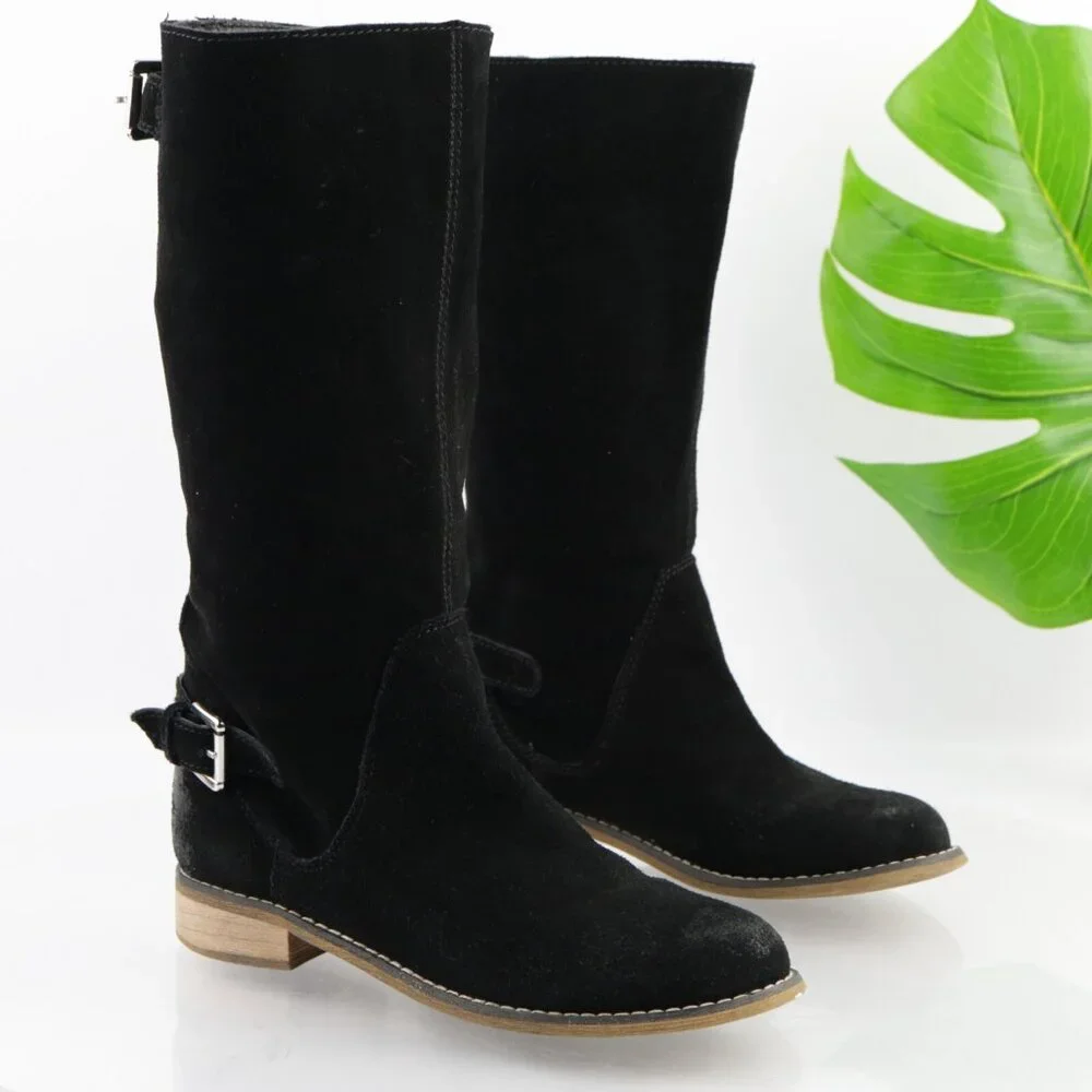 Kelsi Dagger Womens Tassie Boots Size 7.5 Black Suede Slouch Pull On Moto Buckle